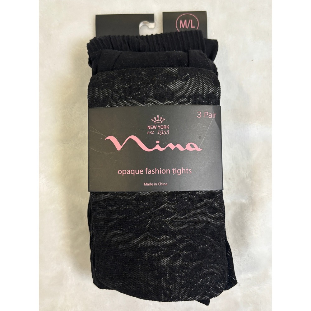 Nina New York 3 Pair Black Opaque Fashion Tights Floral Lace M/L‎ Style 9314 NWT